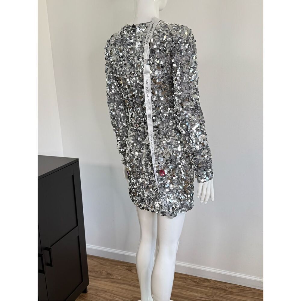 Cynthia Rowley Womens Sequin & Rhinestone Embellished Mini Dress Silver Sz 4 - Picture 8 of 12